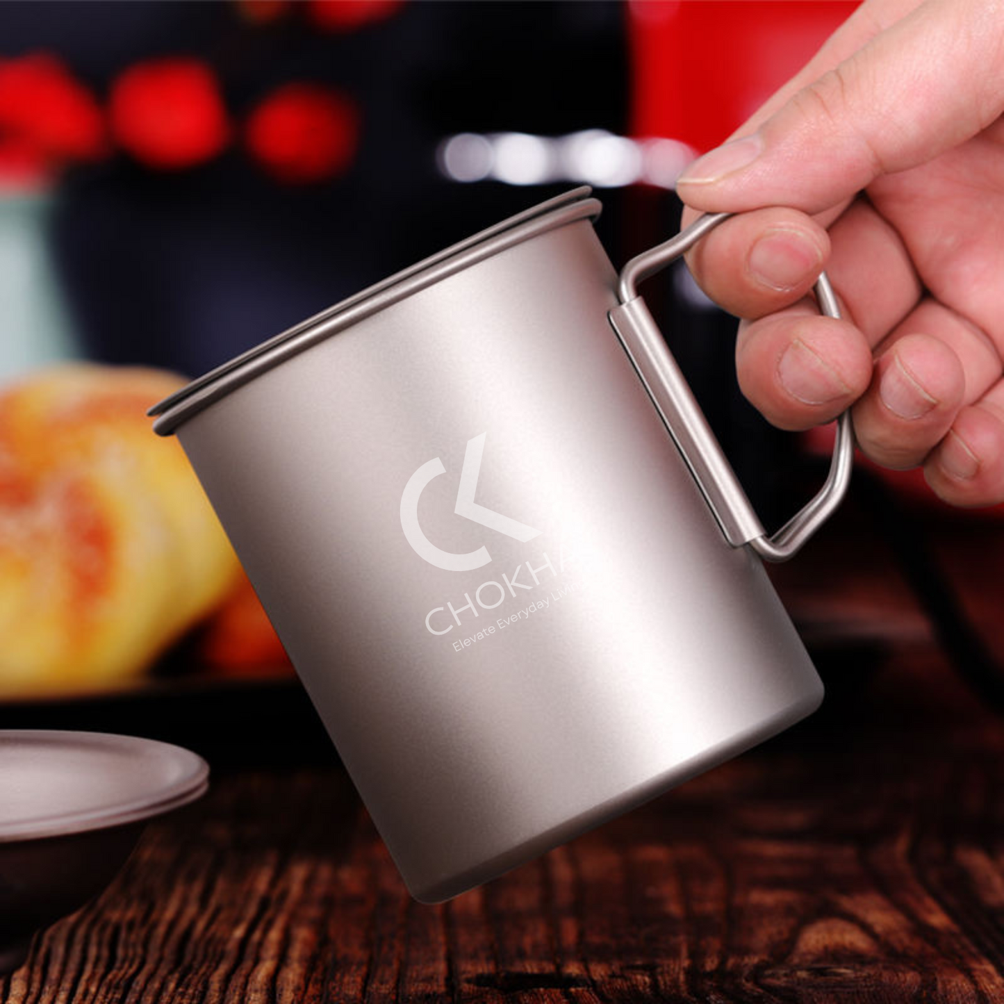 CHOKHA Titanium Camping Cup 450ml – Ultralight Coffee, Tea, Water Mug with Folding Handle