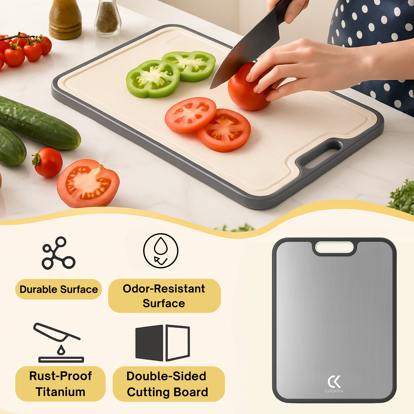 CHOKHA Titanium Cutting Board for Kitchen – Double-Sided, Pure Titanium & Wheat Straw, Food-Grade, Easy to Clean, 16”×11”