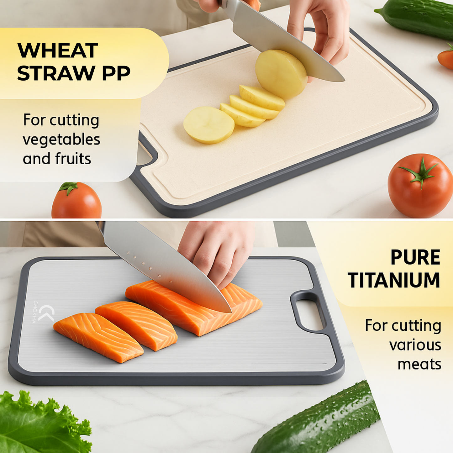 CHOKHA Titanium Cutting Board for Kitchen – Double-Sided, Pure Titanium & Wheat Straw, Food-Grade, Easy to Clean, 16”×11”