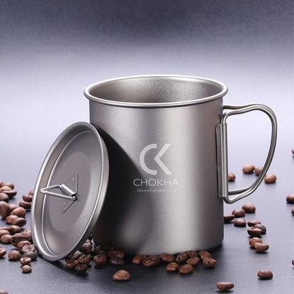CHOKHA Titanium Camping Cup 450ml – Ultralight Coffee, Tea, Water Mug with Folding Handle
