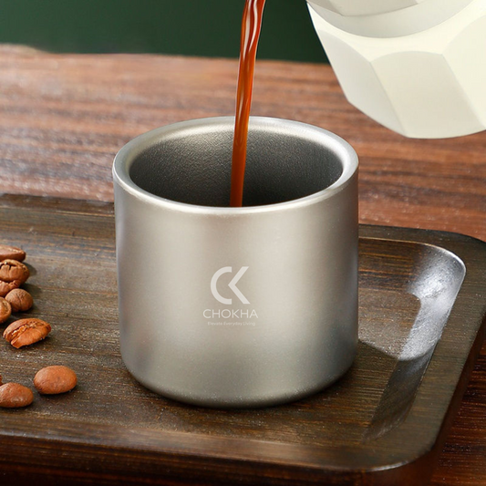 Chokha 100ml Double Wall Titanium Cup – Mini Insulated Handleless Mug for Espresso, Shots, Outdoor & Travel