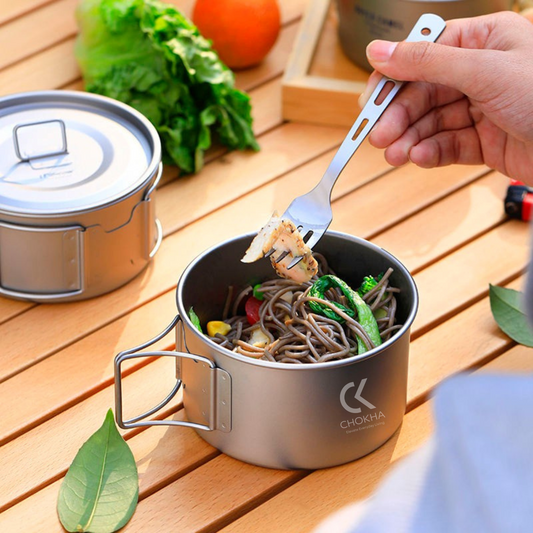 CHOKHA 450ml Titanium Camping Bowl with Foldable Handle – Ultralight Single-Wall Stackable Cookware